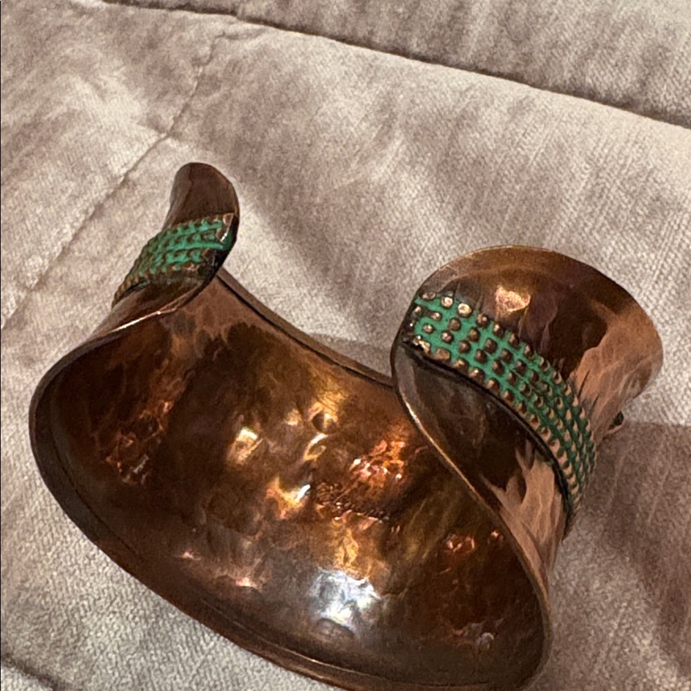 Artisan Hammered Copper Cuff Bracelet with Green Accented Design 7-8” Adjustable - Picture 5 of 8
